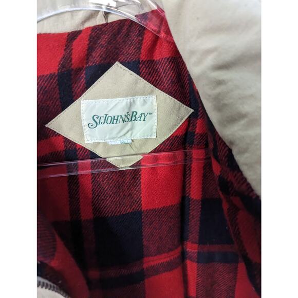 Vintage 80's Men's  St Johns Bay Tan Utility Vest Buffalo Plaid Lining SEE Meas. - Picture 4 of 11